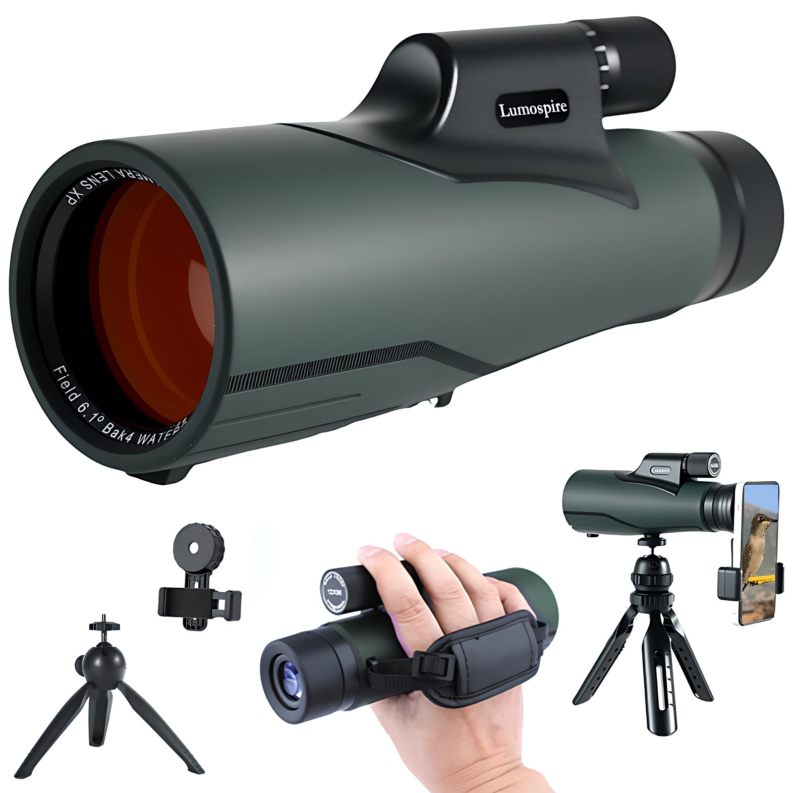 Lumospire 16x56 Monocular Telescope with BAK4 Prism – HD High Power, FMC Multi-Coated Lens, IPX7 Waterproof, Phone Adapter for Photography, Compact for Hunting, Bird Watching, Stargazing & Hiking
