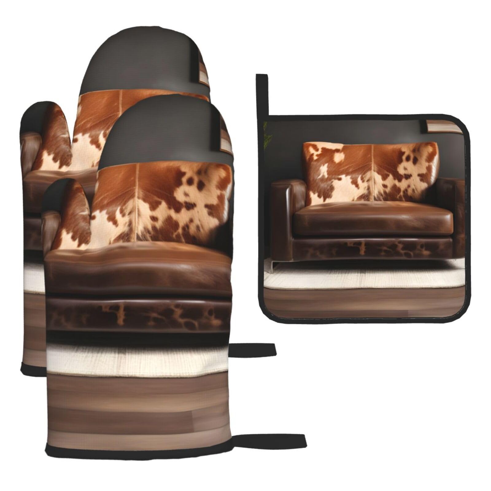 Brown Cowhides Print Oven Kitchen Gloves For Baking Outdoor Grilling Home Use Mitts Microwaving Bbq