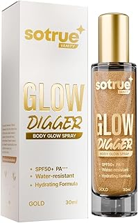 Sotrue Glow Digger Body Glow Spray | Pearlescent Gold Shimmer Mist for Radiant Skin | Lightweight