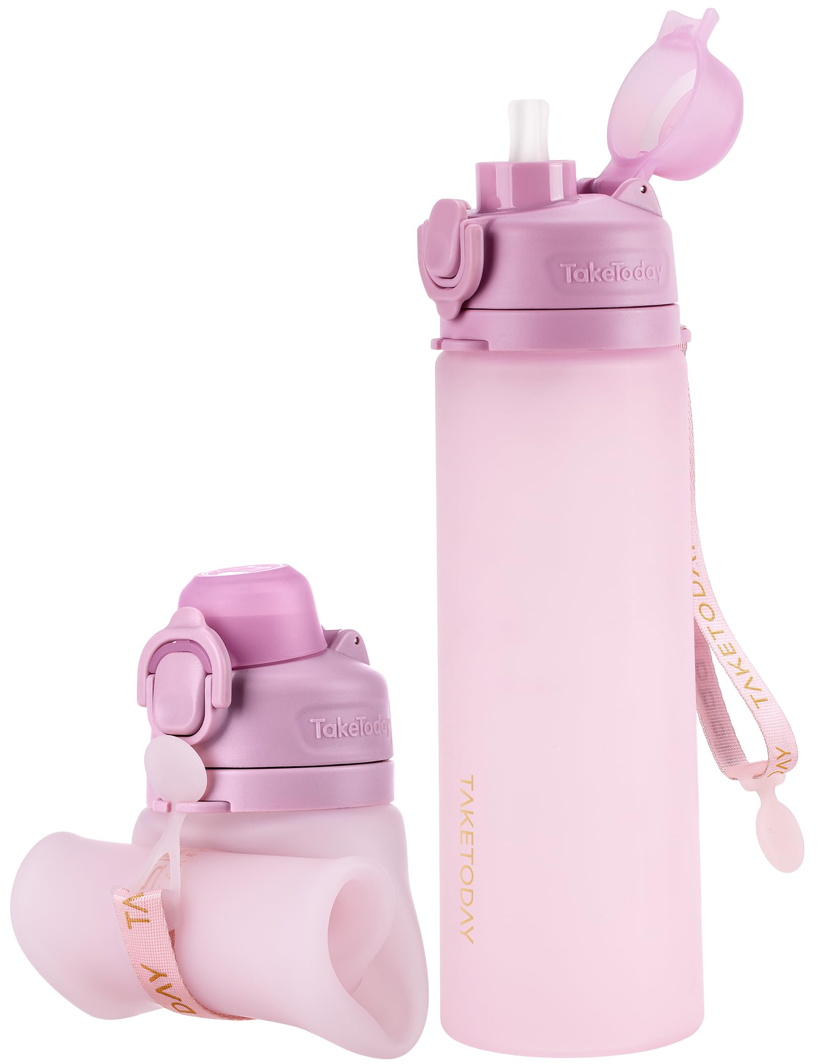 TakeToday Collapsible Water Bottles 20oz, Leak Proof, BPA-Free, Foldable Silicone Travel Water Bottle with Straw Strap for Cycling, Hiking, Outdoors
