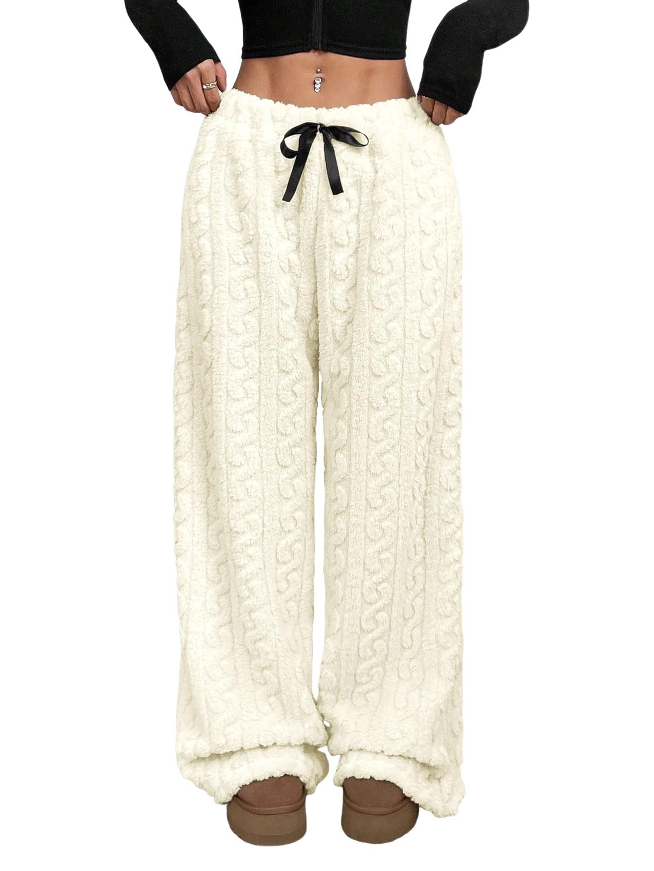 ZAFUL Women's Fuzzy Plush Pajama Pants Wide Leg Pj Bottoms Lounge Pants