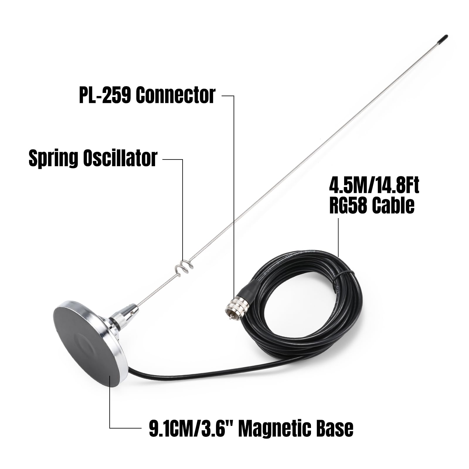 Radioddity RA-UV712 - Kit de antena de montaje magnético, antena VHF/UHF de 20 pulgadas (144/430 MHz), con cable de 15 pies, PL-259 compatible con radios móviles de coche, camión, escáneres, | Cobertura de 136-174/400-520 MHz, cable de 15 pies, para radio