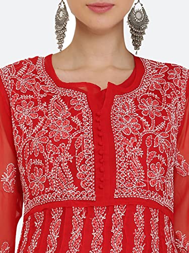 Image of FAWOMENT Women's Georgette Yok Anarkali Kurta with Intricate Lucknowi Chikankari Fine Hand Crafted Embroidery