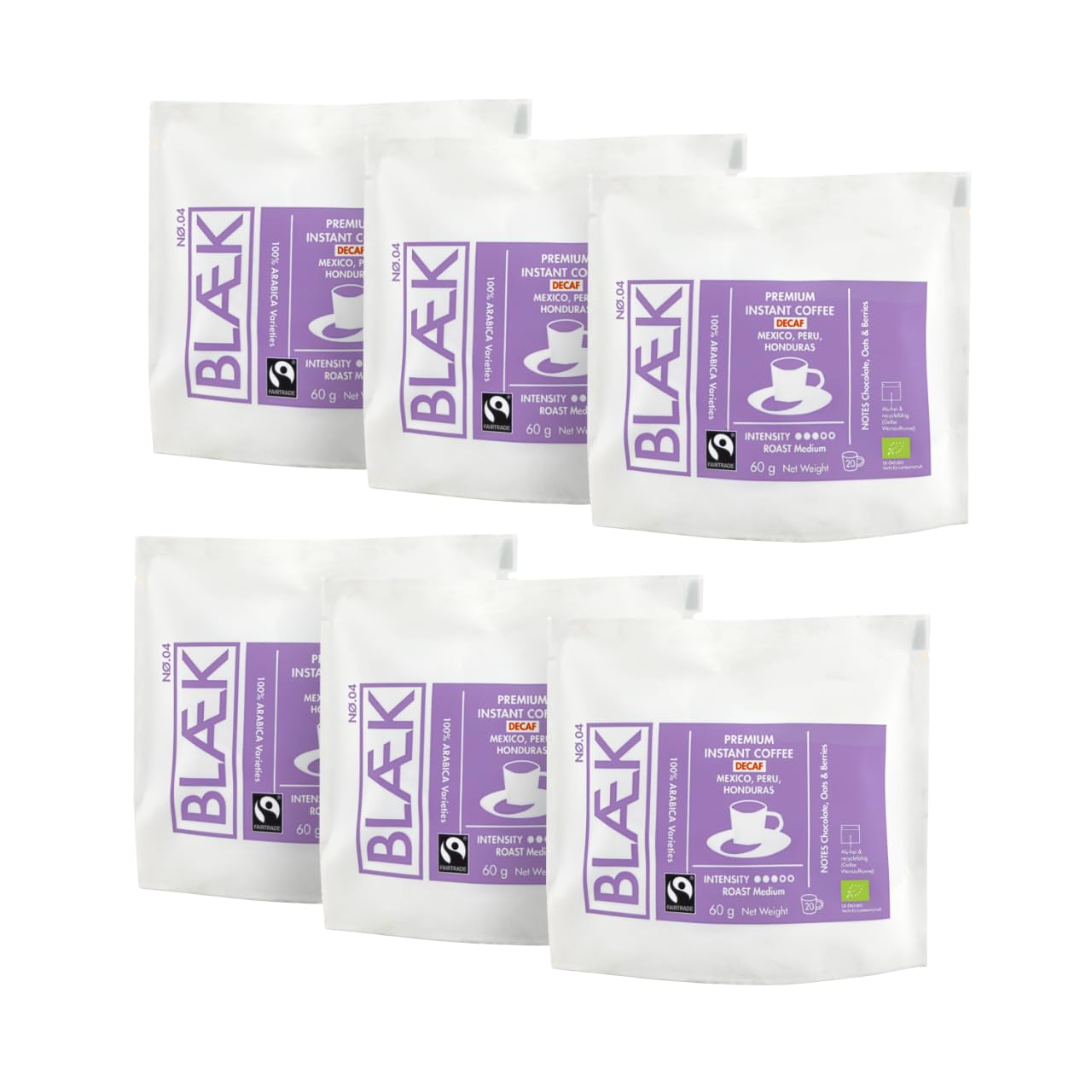 BLÆK Specialty Bio Instant Kaffee Decaf: Blaek Nø.4 entkoffeiniert | löslicher Premium Coffee To Go 6er Set 60g Bag koffeinfrei säurearm & mild | Arabica Hochland Kaffeebohne Medium Roast