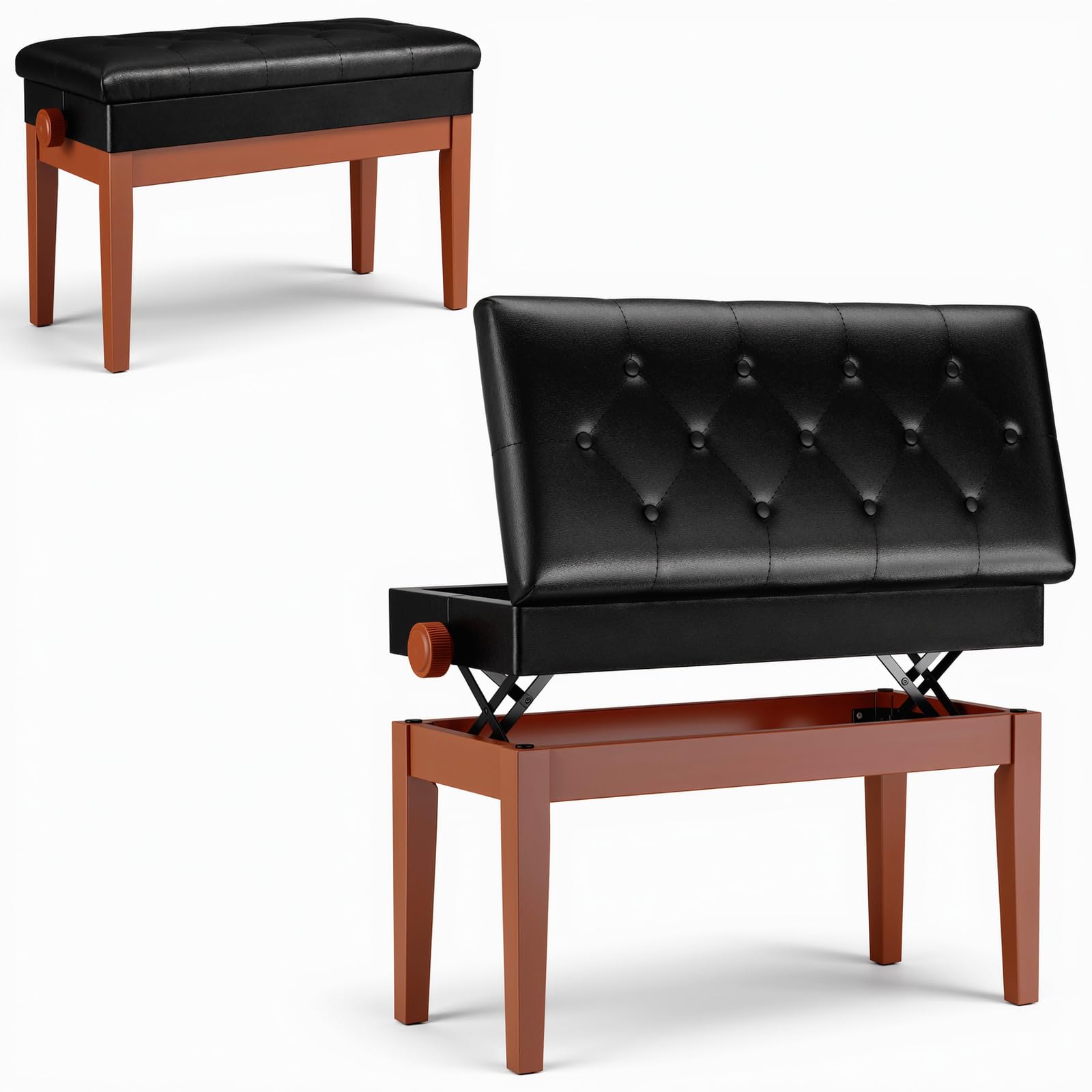 Clevich Tabouret de Piano réglable en Hauteur, Banc de Piano Double, avec Espace de Rangement, Banquette Piano avec Coussin en Cuir PU, Charge maximale : 200 kg, Couleur Bois