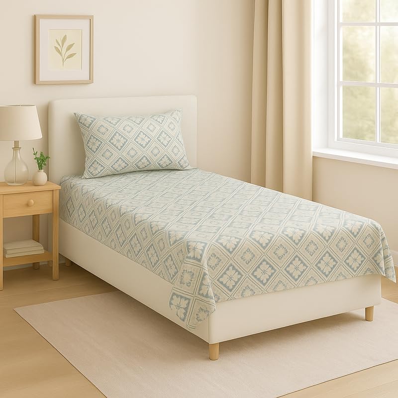 BSB HOME Flat Bedsheet for Single Bed with 1 Pillow Cover | Soft Touch Cotton | Comfortable & Durable | Size 90 x 60 Inch | Elegant Printed Bedding Set for Daily Use, Color - Grey and White