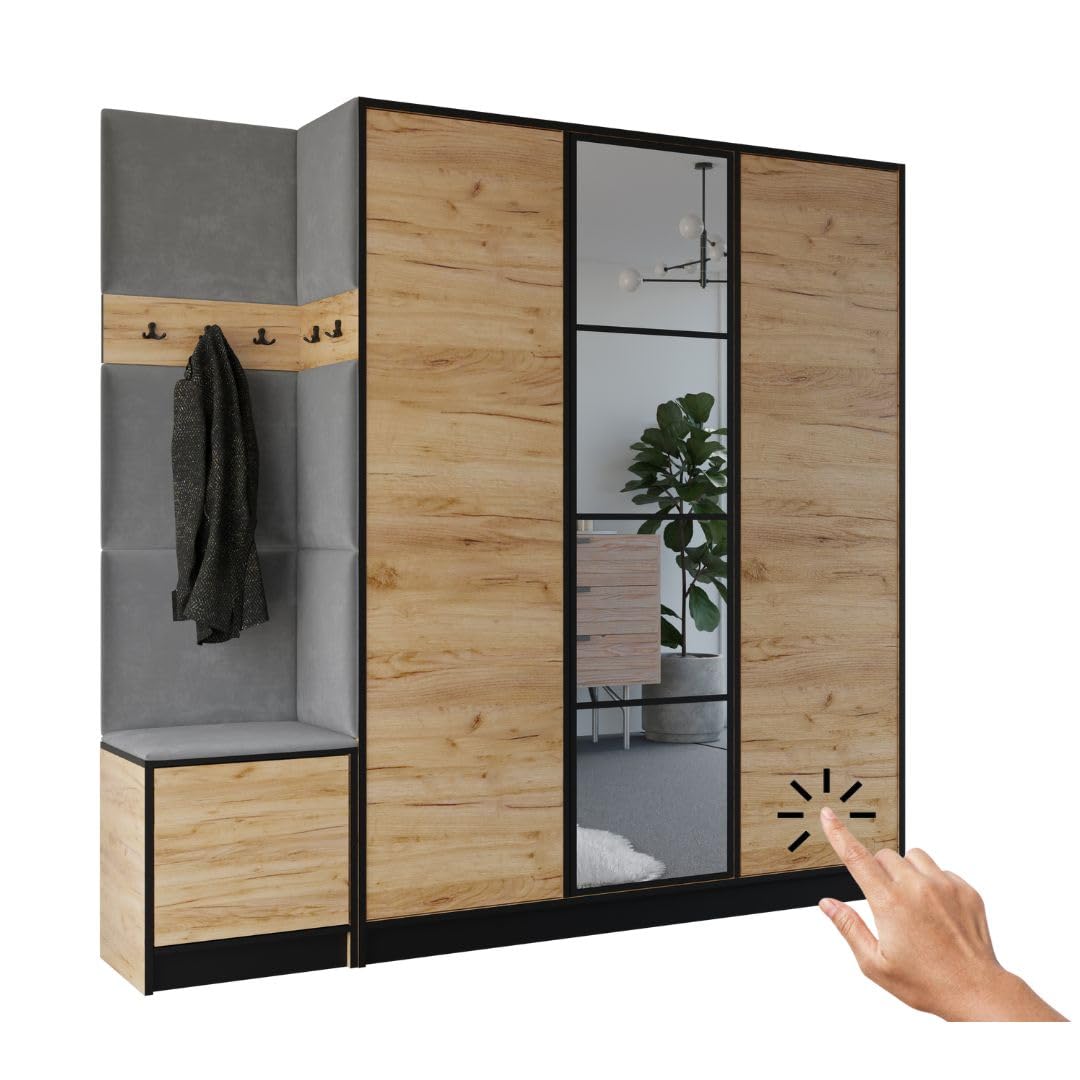 KIER FURNITURE Garderobenschrank Eden 209,6 cm - Modern Flurgarderobe - Flurschrank mit Schuhschrank - Flurgarderoben Set - Garderobe mit Sitzbank Craft Eiche & Grau 209,6 x 205 x 39 cm