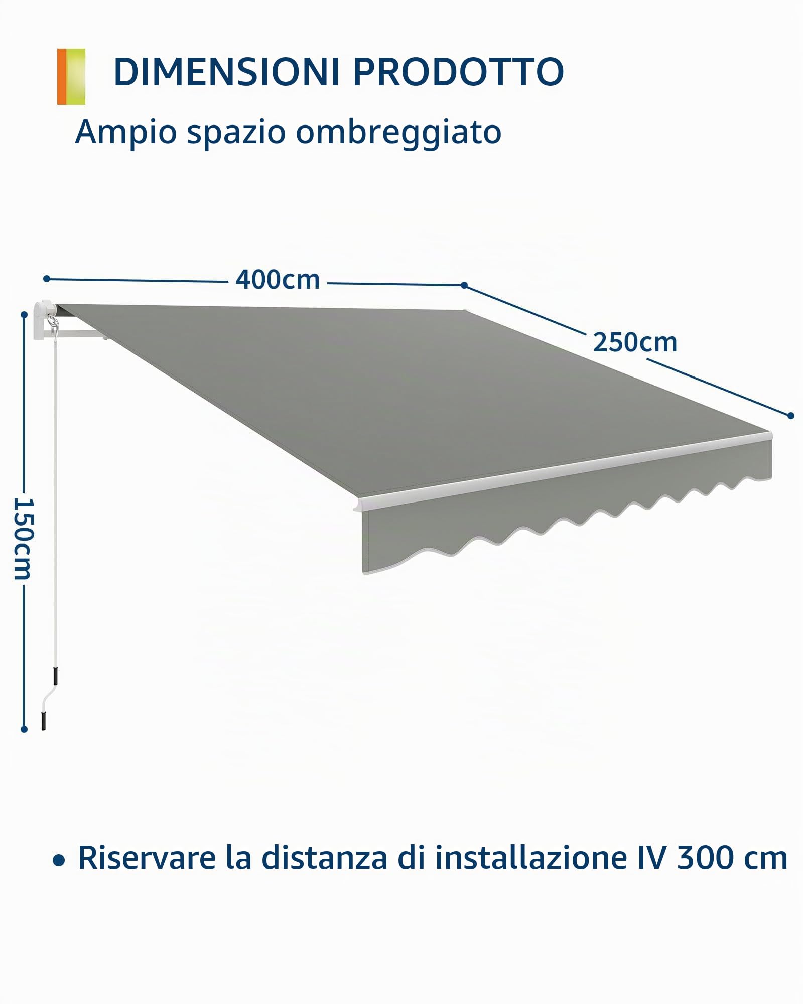 Garveelife Morsetto snodato 400 x 250 cm, resistente ai raggi UV40+ e impermeabile, con manovella e supporto da parete regolabile lunghezza + angolo, tenda da sole per terrazza e balcone, tenda da