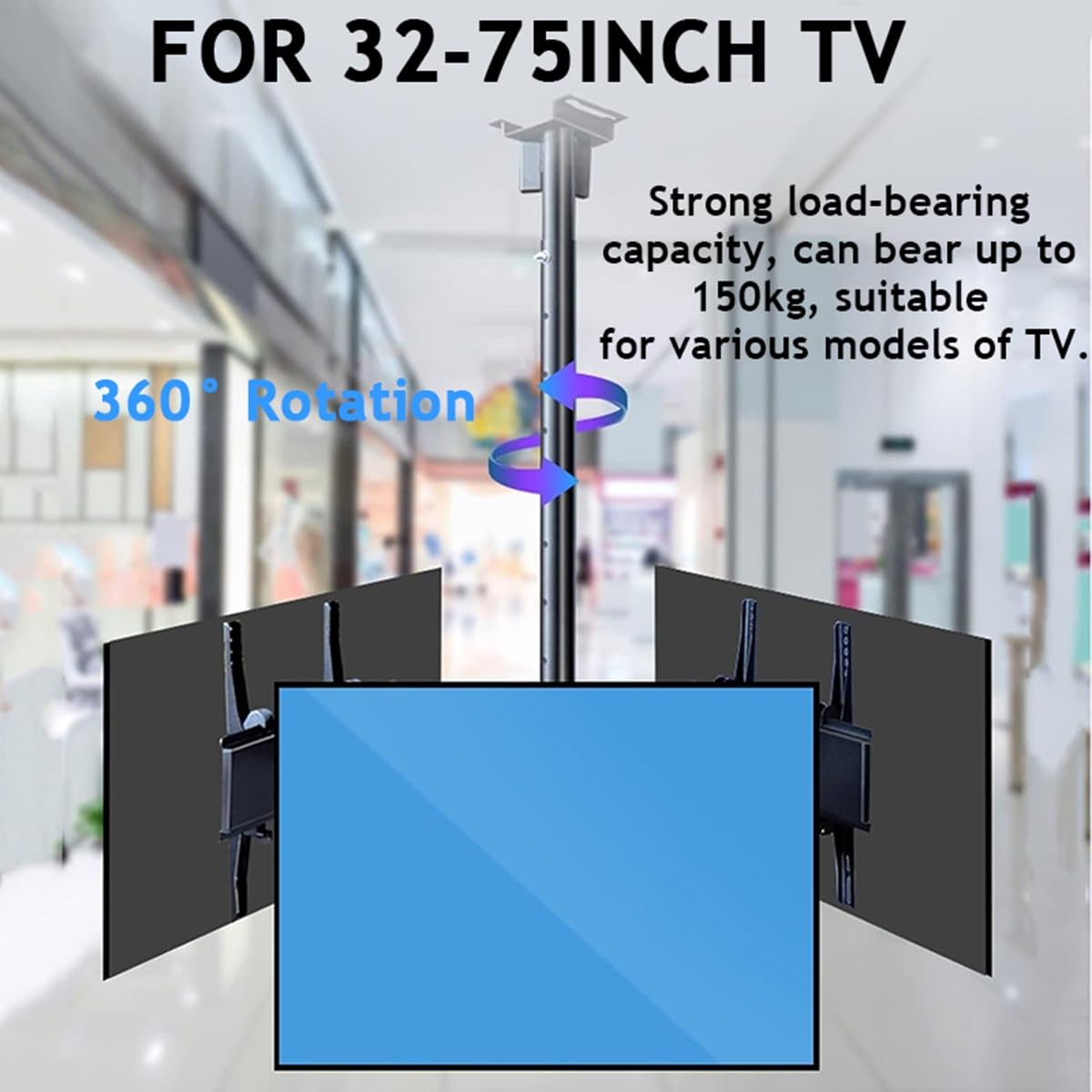 Soporte de TV de Techo de 3 Lados - Soporte de TV Colgante de Techo con 7 velocidades de Altura Ajustable, Compatible con la mayoría de televisores de 32 a 75 Pulgadas