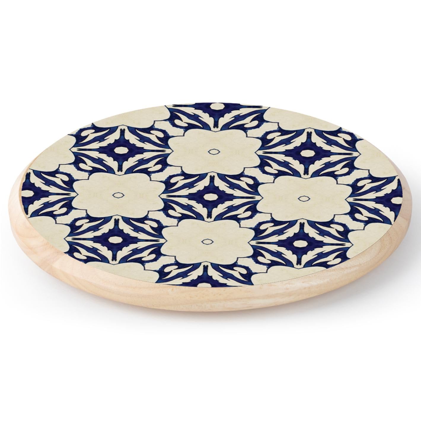 CounterArt Blue Tile Floral Wood Lazy Susan Turntable 14
