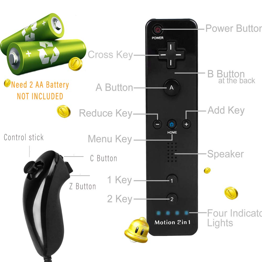 Manette Wii avec Motion Plus et Nunchuck, télécommande sans fil Wii Remote Plus avec Nunchuck avec dragonne en silicone pour manette Wii/Wii u