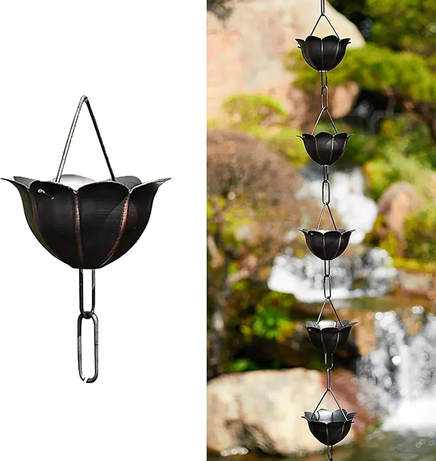 WOTZOV Rain Chain Petals Rain Chain For Gutters Downspouts, Pewter Lotus Length Adjustable Rainwater Diverter, Garden Yard Homestay Outdoor Decor，260cm (8.5ft)