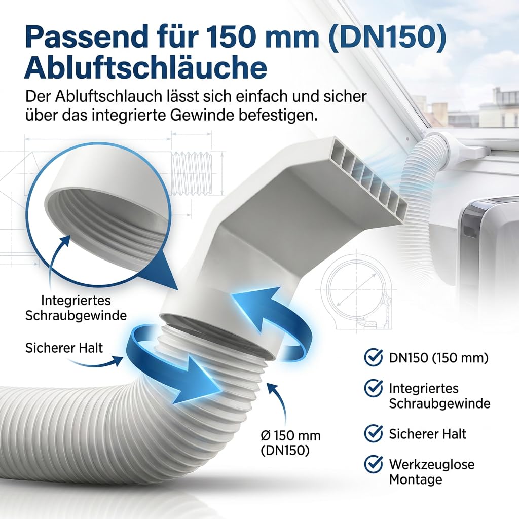 Klimaanlage Abluftschlauch Adapter 150 mm (DN150) für mobile Klimageräte – Fensteradapter für Kippfenster, Dachfenster & Schwingfenster – Passend für VEKA, Schüco, Rehau, VELUX & ROTO | R-Satz Shop