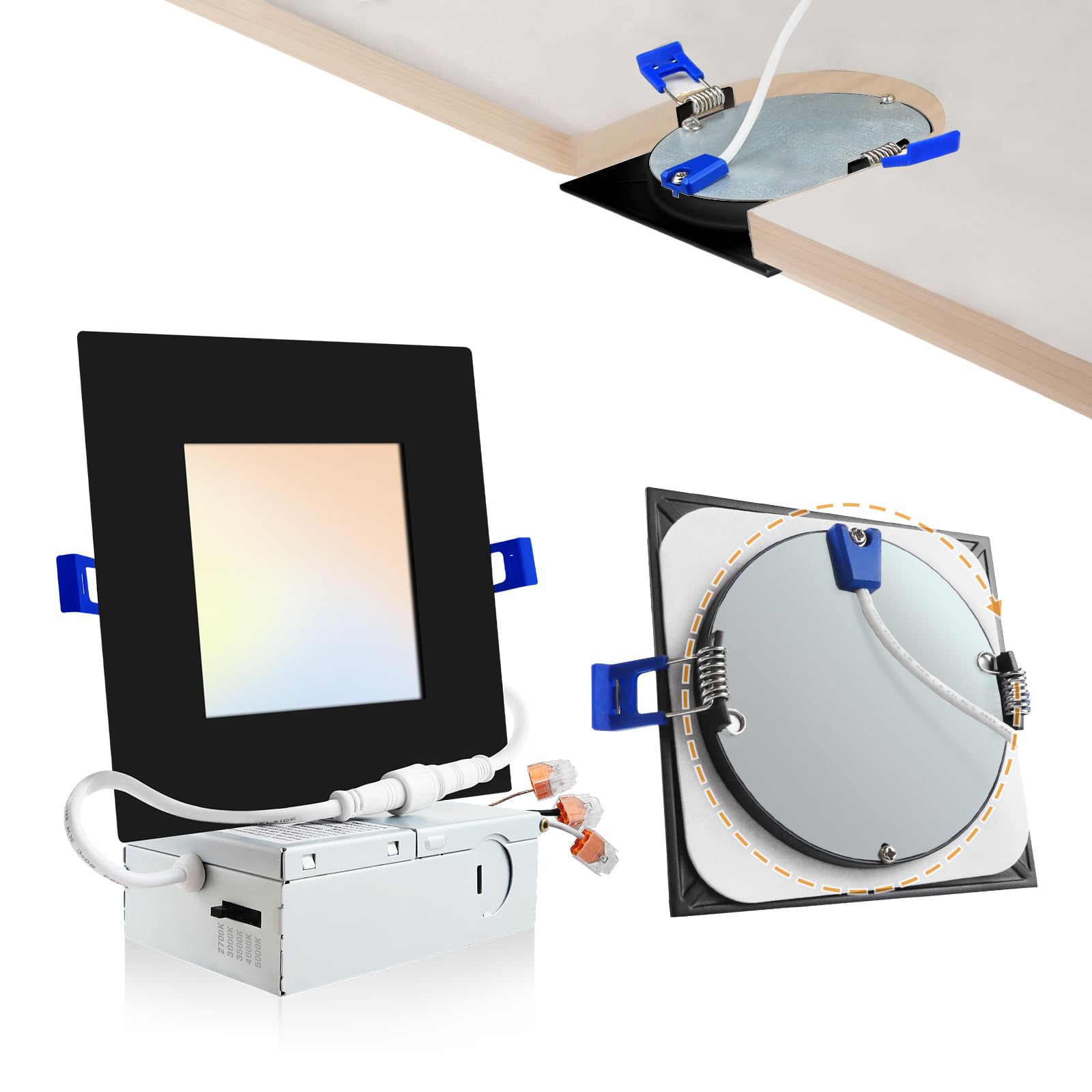 Adetu4 inch Square Led Recessed Lighting Black,5CCT Ultra Thin Square Led Ceiling Light with Junction Box,2700K-5000K, 10W 860LM,Can-Killer Wafer Downlight,ETL and Energy Star Certified