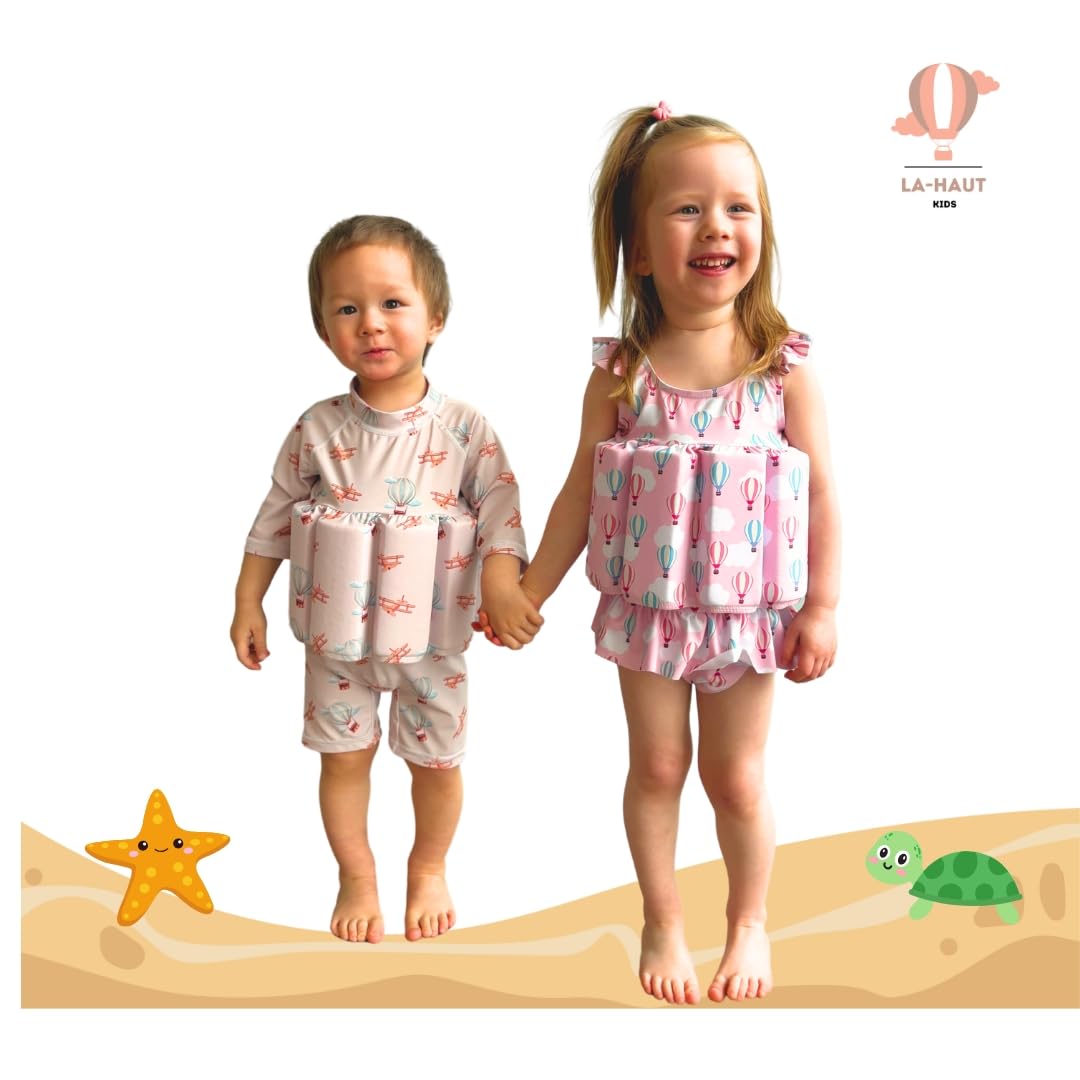Maillot de Bain Enfant garçon Une pièce Aide à la flottabilité, Flotteurs retirables pour sécurité Confiance, Protection Anti-UV+, Motif Montgolfières Avions, Combinaison Manches Longues, Vintage