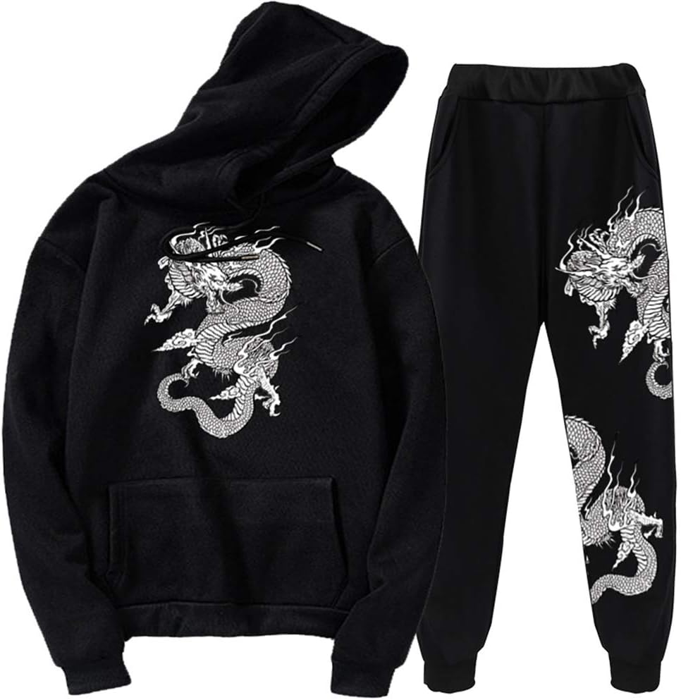 Chinese Dragon Hoodie Dragon Print Hooded Sweatshirt and Sweatpants Suit 2 Piece Outfit Set for Men