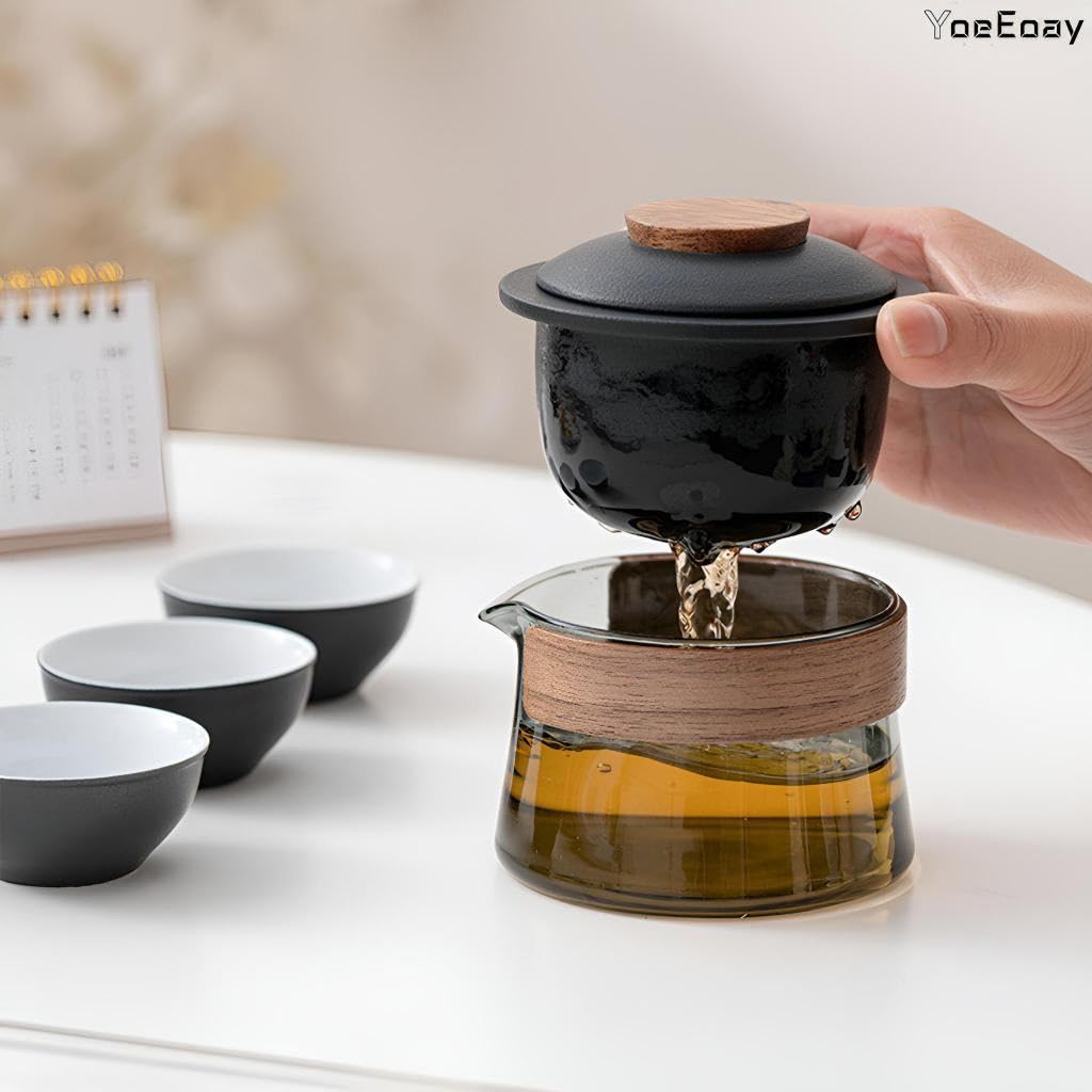 Gaiwan Mit 3 Teetasse, Mini Tragbare Reise Tee Set Mit Reisetasche,chinesische Kung-Fu-Teekanne, Teekanne Glas Mit Walnuss Hölzerne Zwinge, Teekanne Mit 3 Teetassen Und Teetuch - Schwarz