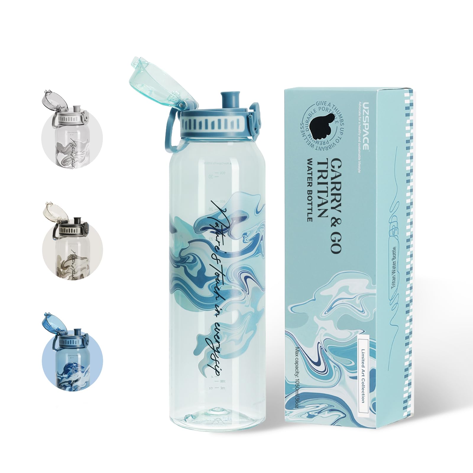 Uzspace Artisticprint Misty Blue Water Bottle 1L (1050Ml) With Handle - Bpa Free Drinking Bottles For Adults - Artisticprint Water Bottle - Leakproof Gym Bottles - Ideal For Sports Or Fitness & Outdoors, Misty Blue