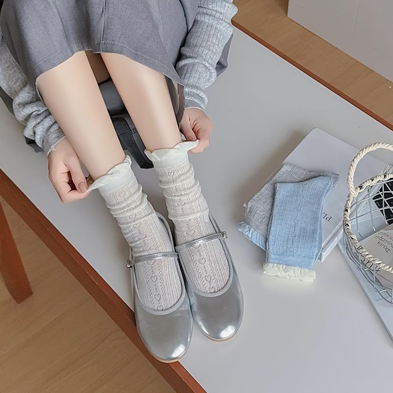 4 Pairs of Ruffle Socks Women, Casual Frilly Cute Knit Lettuce Thin Ankle Socks for Ladies Girls