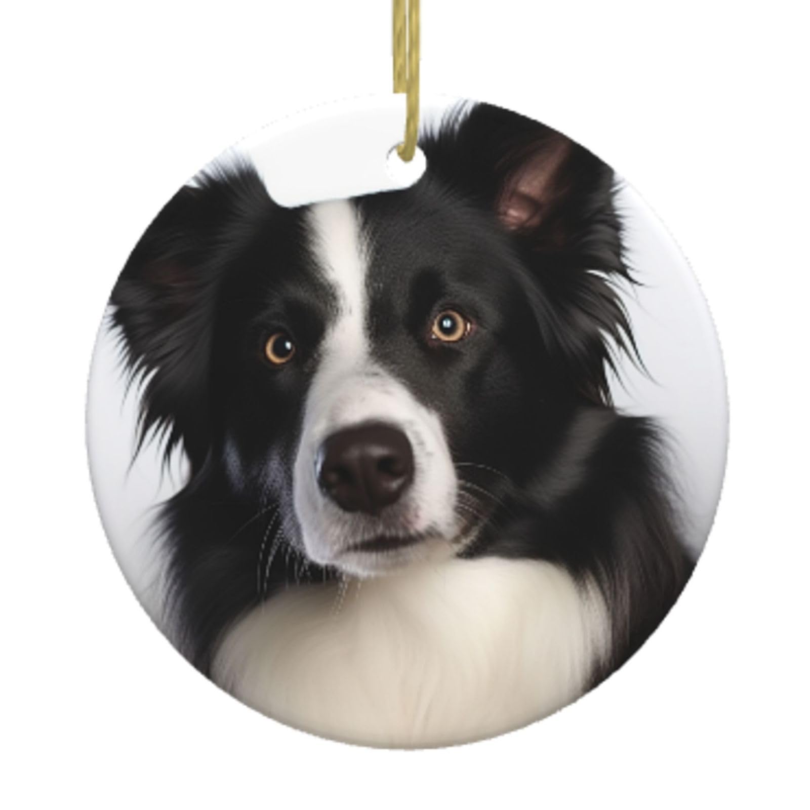 Ceramic Christmas Tree Hanging Ornaments with Gold Ropes Christmas Tree Decorations Round Ceramic Border Collie Pendant Keepsake Decorations for Holiday Xmas Gift Ideas