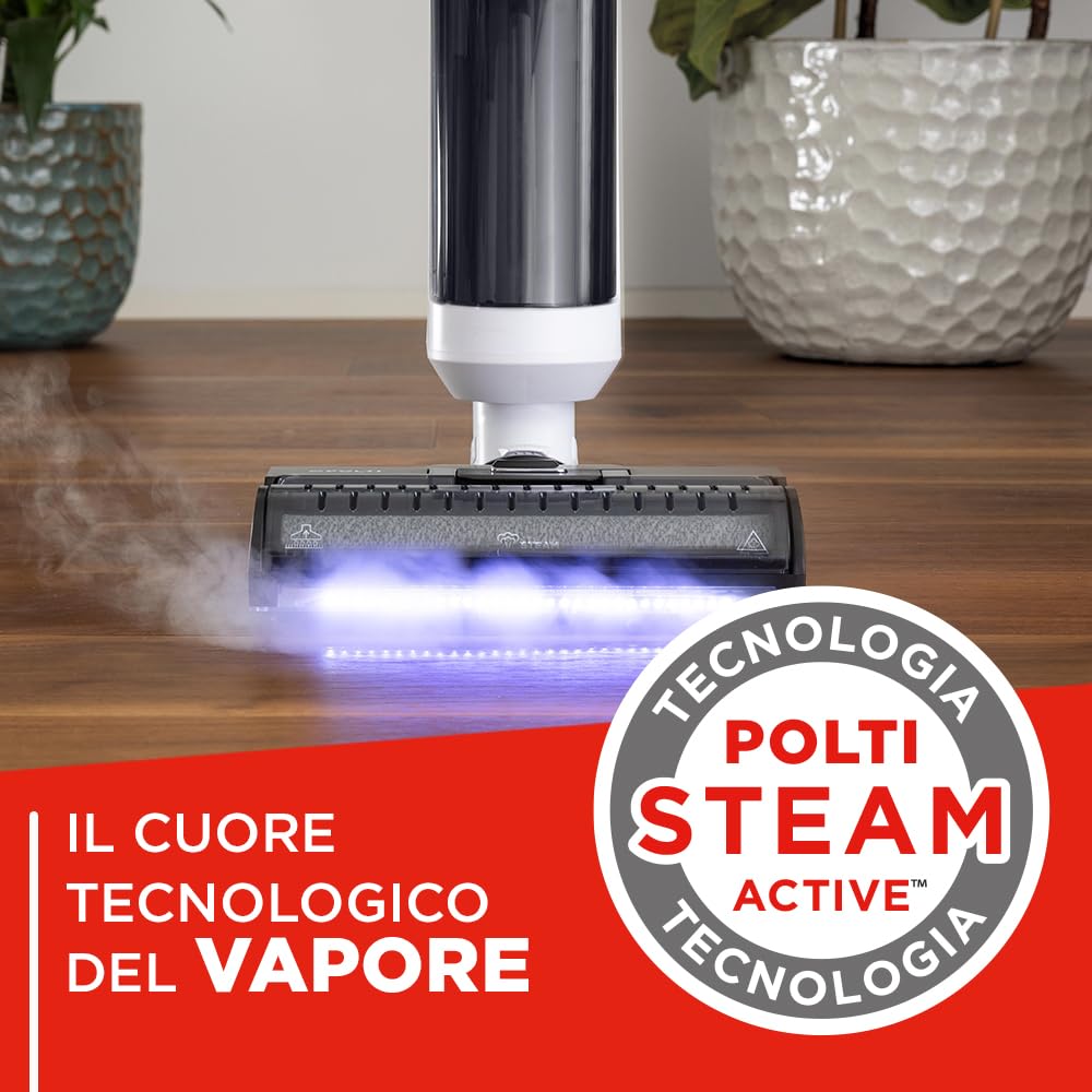 Polti Rollysteam WD50C Cordless, Lavapavimenti con Funzione Vapore e Aspirapolvere, 450 W, Pulizia Completa in un solo Passaggio, Senza Fili, Auto Pulizia, Bianco