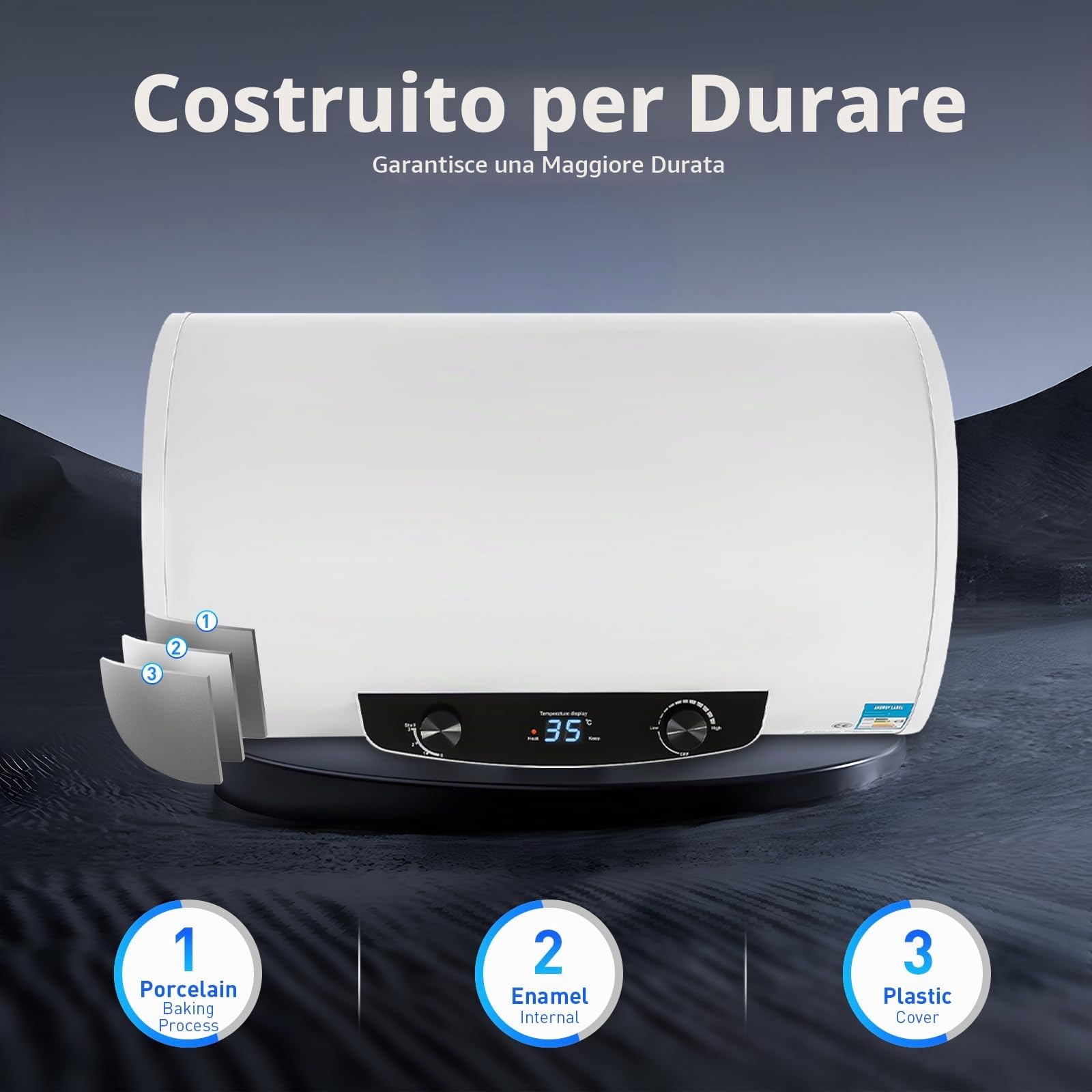 50L/120L Riscaldatore di acqua orizzontale elettrico, serbatoio d'acqua elettrico, potenza di riscaldamento 2000 Watt e termometro, scaldacqua elettrico, valvola di sicurezza, kit doccia. (120L)