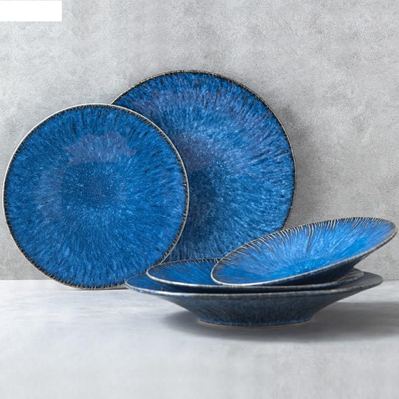 Speiseteller-Set aus Keramik, nordisches Blau, für Restaurant, Pasta, Steak, Teller, Zuhause, Obst, Salat, Schüssel, Kuchen, Dessertteller, Küchenutensilien, Küche, Salatschüssel (B 27,9 cm)