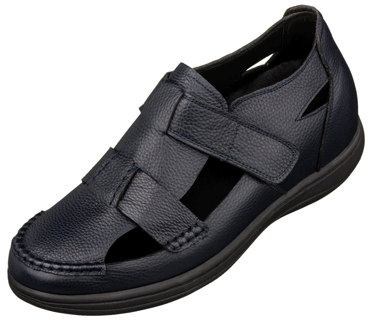CALTO Men's Invisible Height Increasing Elevator Shoes - Navy Blue Premium Leather Lightweight Casual Fisherman Sandals - 3.2 Inches Taller - K2663 -