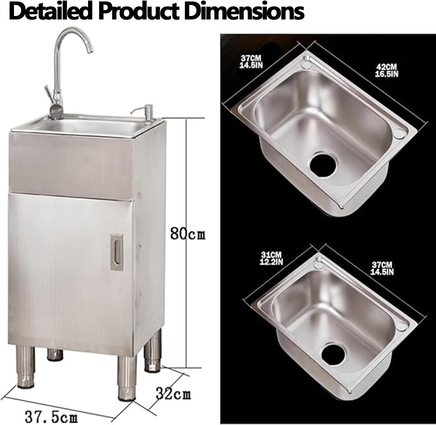 Stainless Steel Kitchen Sink with Standalone Standing Stainless Steel Sink and Faucet,Heavy Large Utility Hand Washing Station Cabinet,Outdoor Laundry Tub for Room,Kitchen,Bathroom and Garage