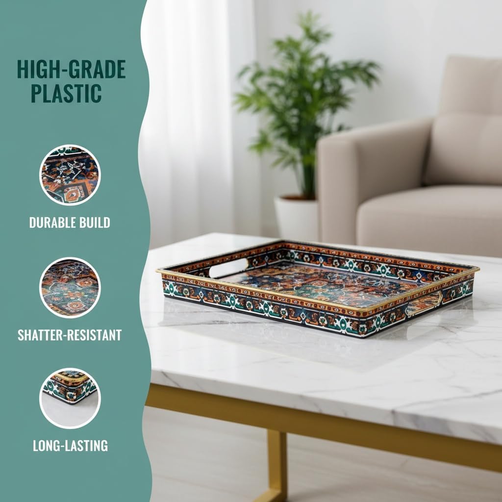 Boho Persian Rug Pattern Serving Tray with Handles, 15.7”x11.8” Rectangular Plastic Decorative Tray (Vintage Blue/Orange/Green) for Coffee Table, Ottoman, Bathroom & Living Room.