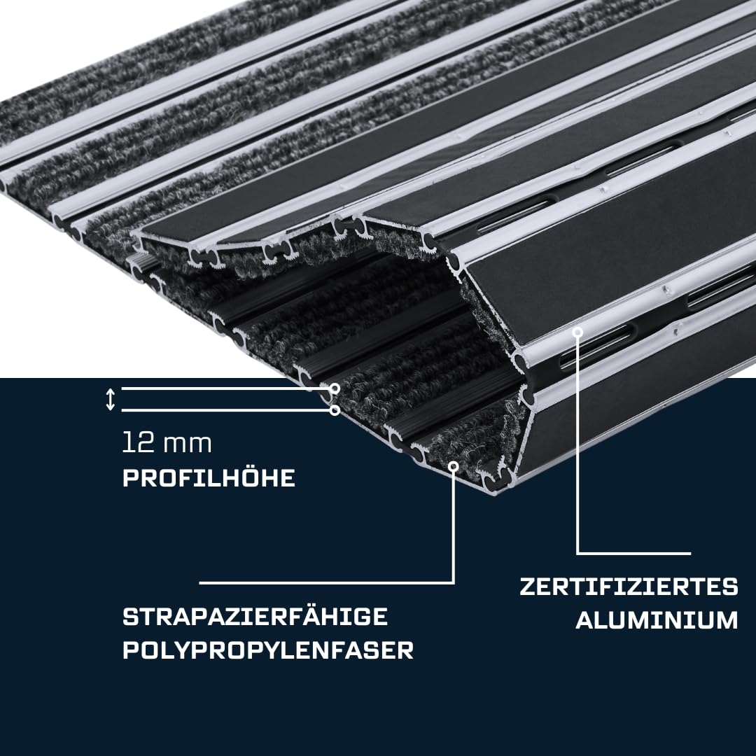 Aluminium Fußmatte für Türen mit Rahmen 80x50 cm, verstärkt 12 mm, Textil, objektgeeignete Eingangsmatte für Innen, trocknend, Rips Anthrazit, rutschfest