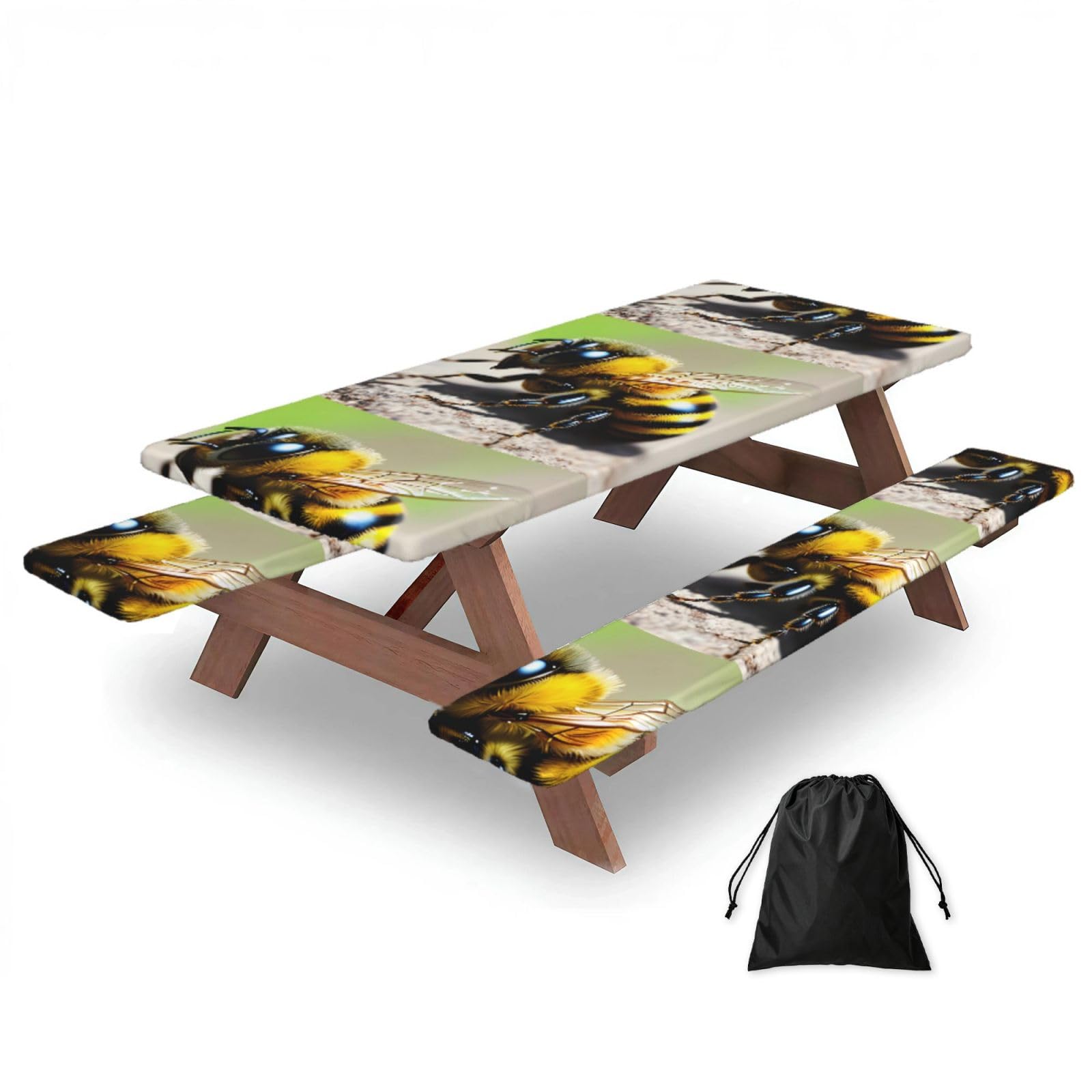 Erwqavc Black Cute Little Bee Print Picnic Table Cover & Bench Covers 3-Pack Set, Elastic Tablecloths For 6 Ft Rectangle Tables
