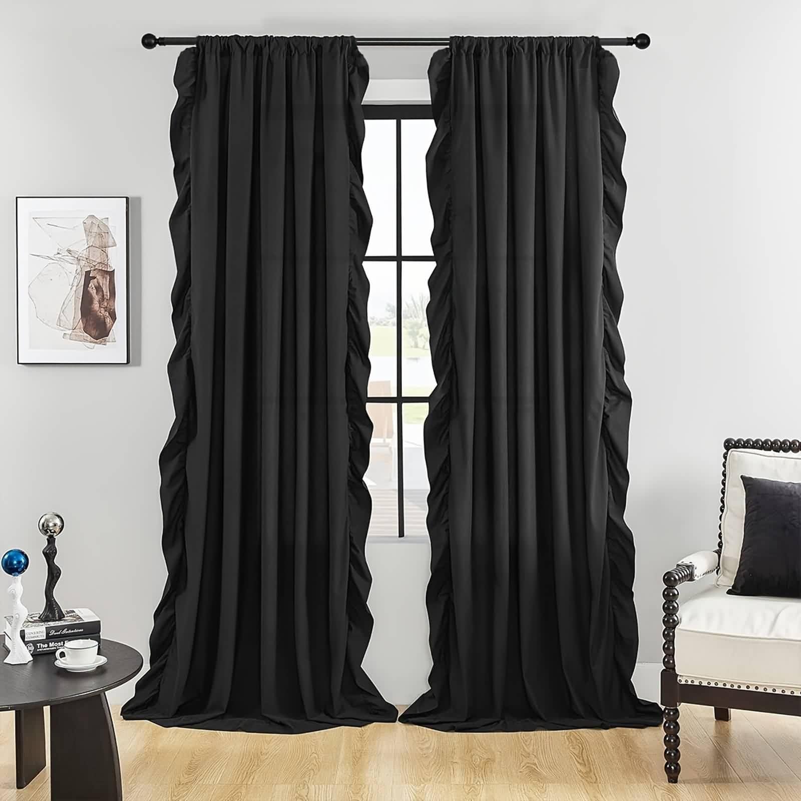 Rideau Occultant Noir, Rideau de Cuisine Long Couleur Unie avec Volants Polyester 132L x 213H CM Lot de 2