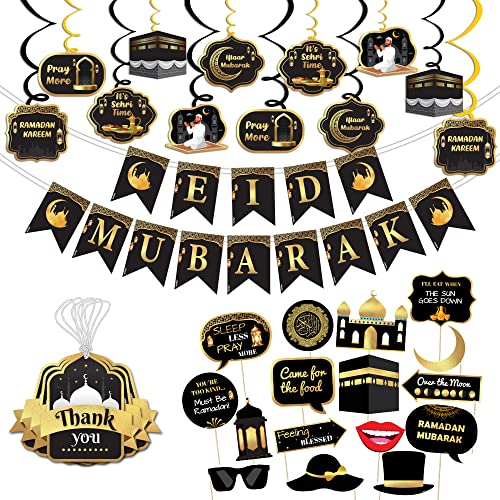 Festiko® Set of 51 Pcs Eid Mubarak Decoration Combo - (Banner/Swirls Ribbons & Cutouts/Photobooth Props/Thank You Tags), Eid Decorations, Ramadan Decorations