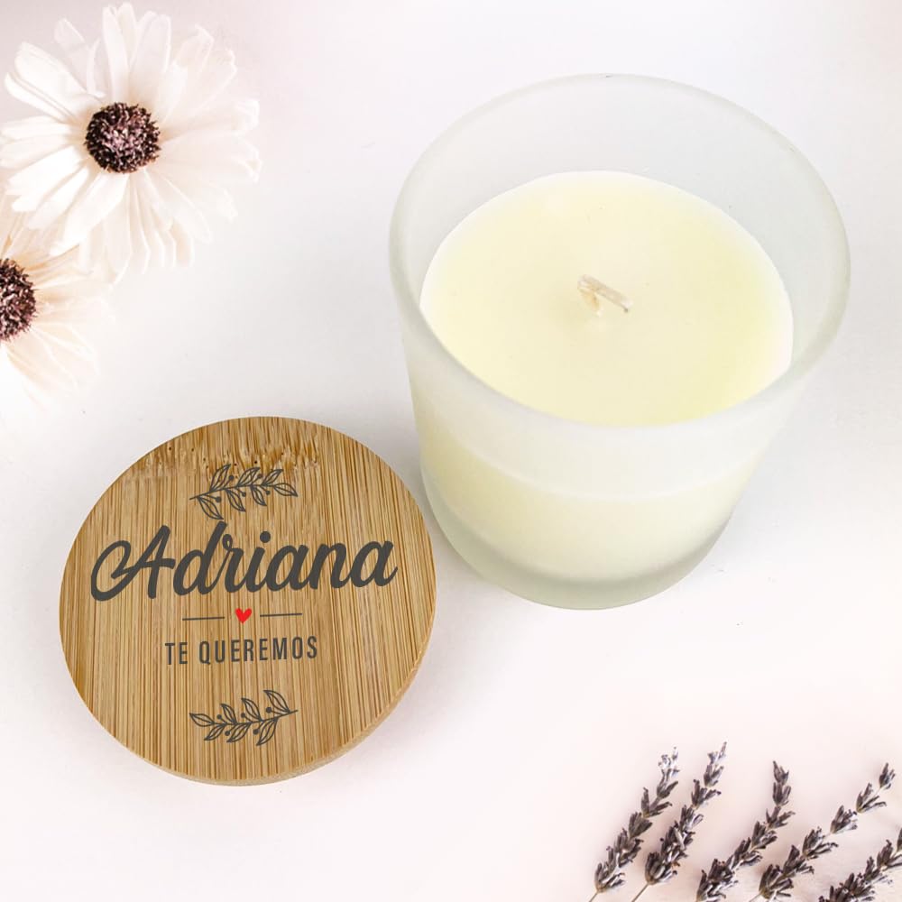 Transparent Gift Vela Personalizada con Nombre y Texto Ramas en Tapa. Regalos para Familiares, Amigas o Pareja. Velas Aromáticas Decorativas Casa. Regalos Originales para Mujer. Regalos Personalizados