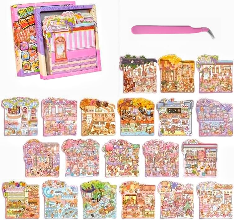 Luzhans 3D Aufkleber Szene Buch für Erwachsene,20 Sets DIY Stickers Therapie für Erwachsene,Machen Sie Ihre eigenen Miniatur Haus Aufkleber Stress Relief Pass Die Zeit