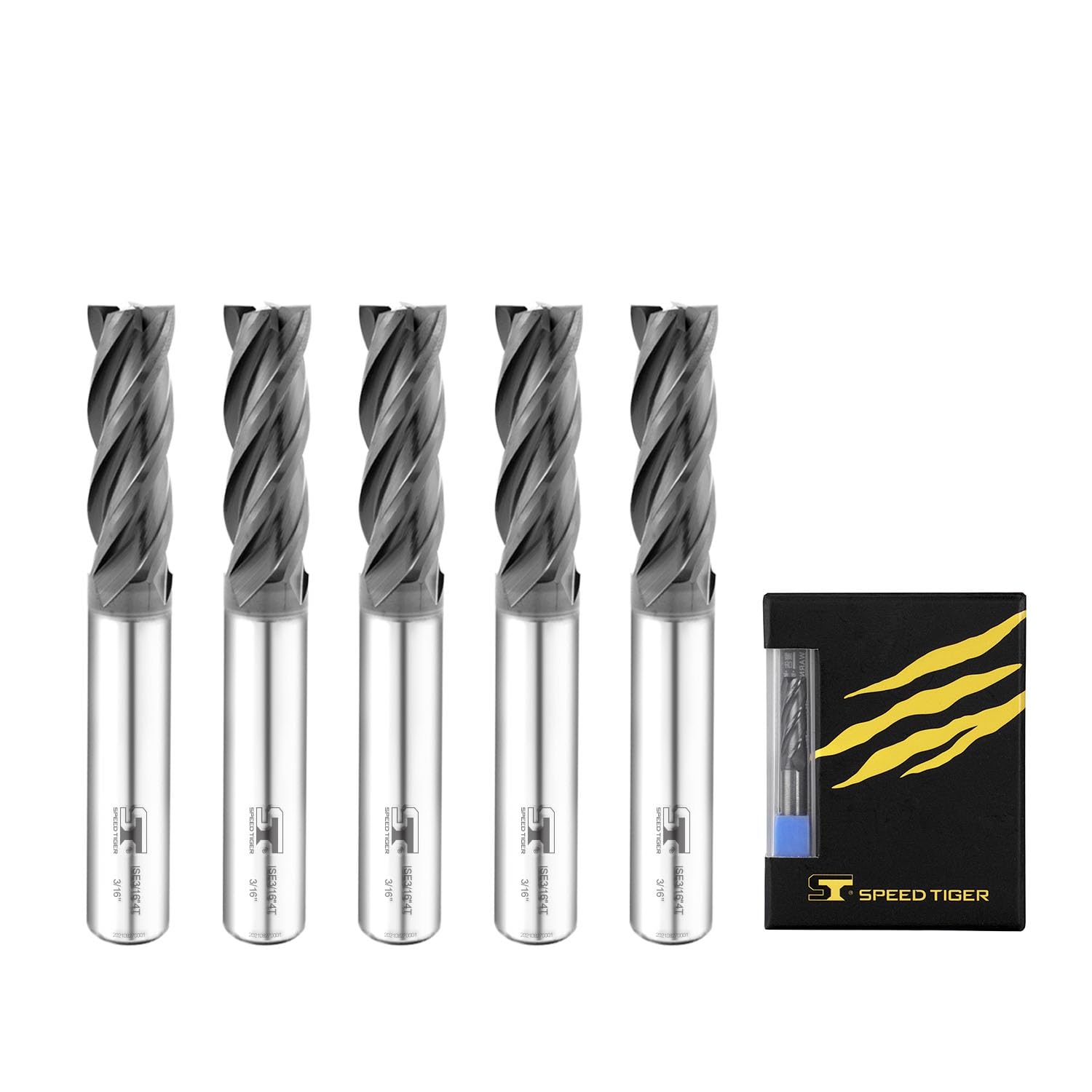 SPEED TIGER ISE Carbide Square End Mill - Micro Grain Carbide End Mill for Alloy Steels/Hardened Steels - 4 Flute - ISE3/16"4T - Made in Taiwan (5 Pieces, 3/16")