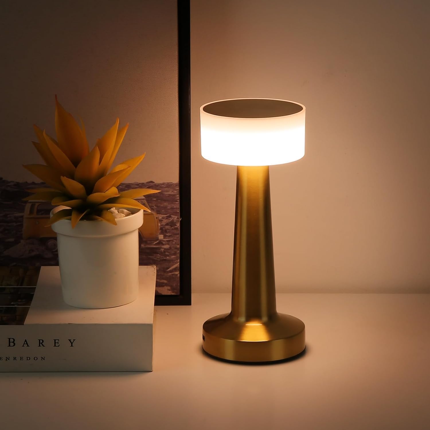 GITGRNTH Table Lamp with Three Colour Stepless Diming Light, Modern Decorative Desk Lamp, Soft Warm Light for Bedroom, Living Room, Office, Nightstand Unique Design, Rechargeable (Golden White Round)-image-18