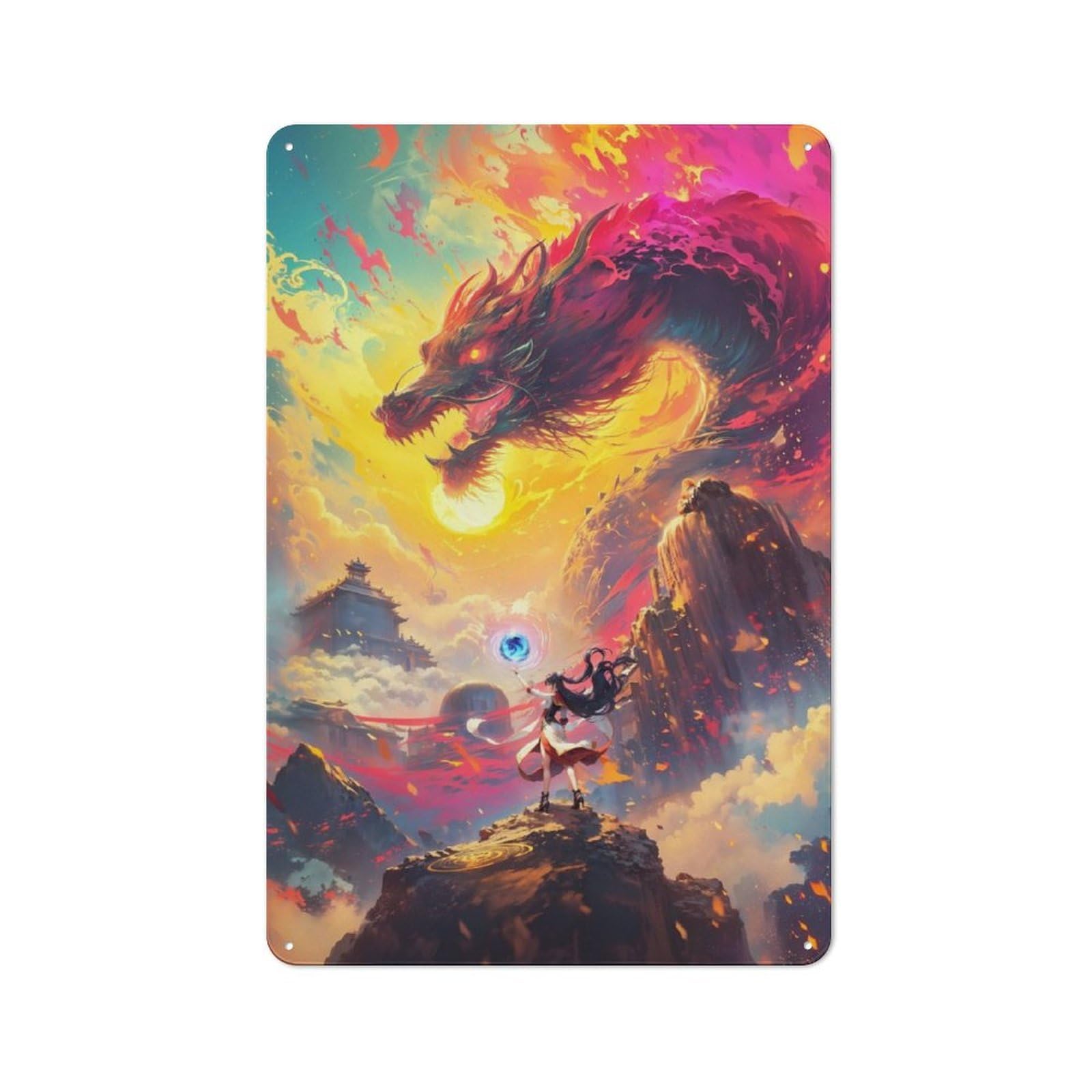 Junmoney Dragon And Mage Lady Printed Metal Sign 30X20cm For Studio Or Craft Room, For Creative-Space Collectors