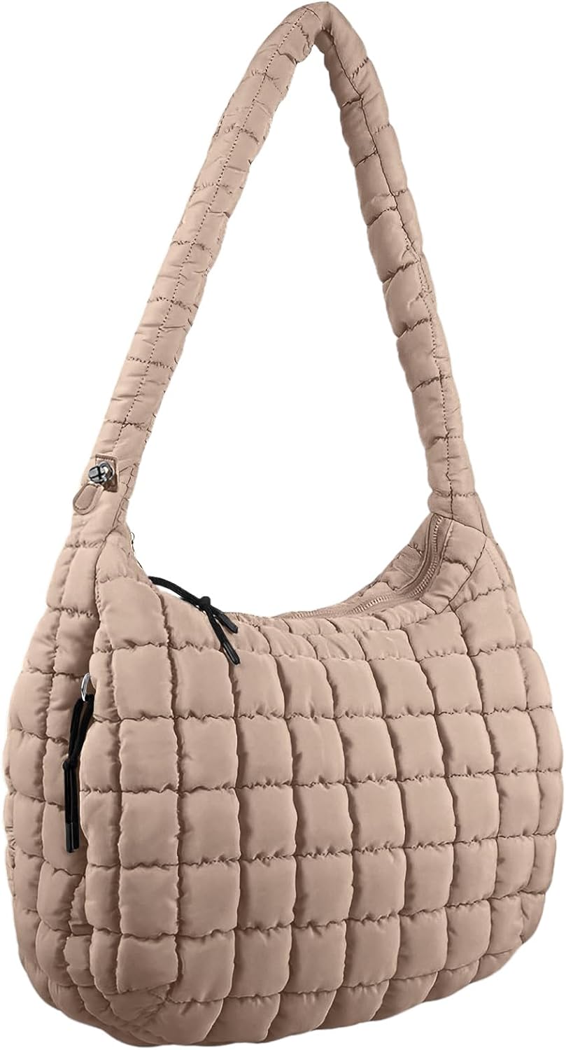( color black)Quilted Puffer Tote Bag Large Crossbody Shoulder Bag Nylon Puffy Bubble Bag with Adjustable Shoulder Strap Khaki