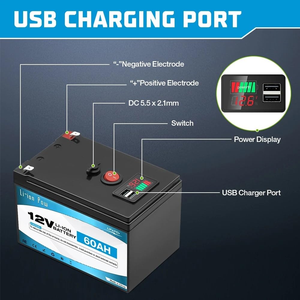 Batteria a ciclo profondo al litio LiFePO4 12V 60Ah,