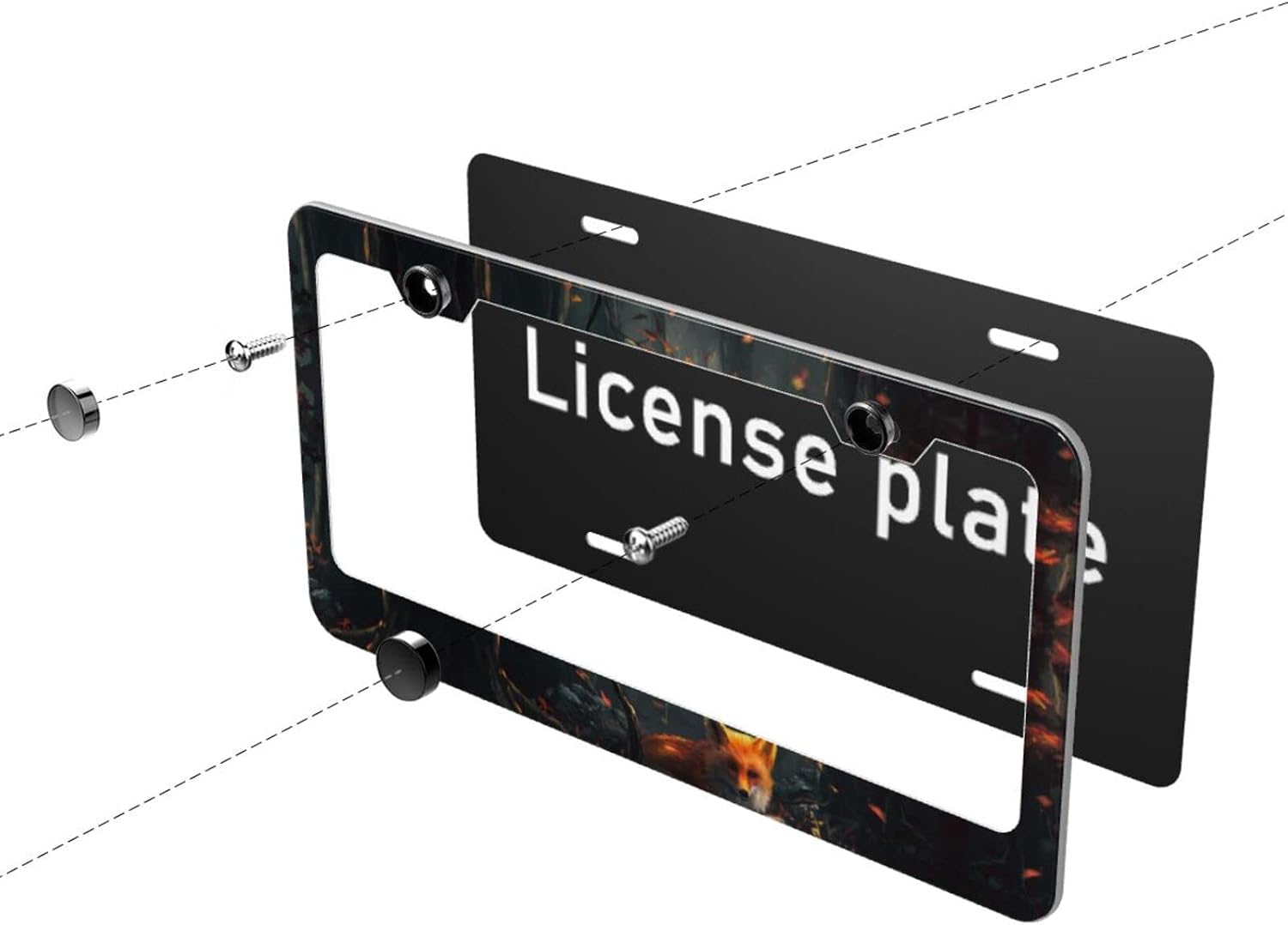 Beautiful Galaxy Fox Matte Aluminum License Plate Frame with Black Screw Caps，2pcs 2 Holes Black Licenses Plates Frames,Car Licenses Plate Covers Holders for Us Vehicles/Women/Men