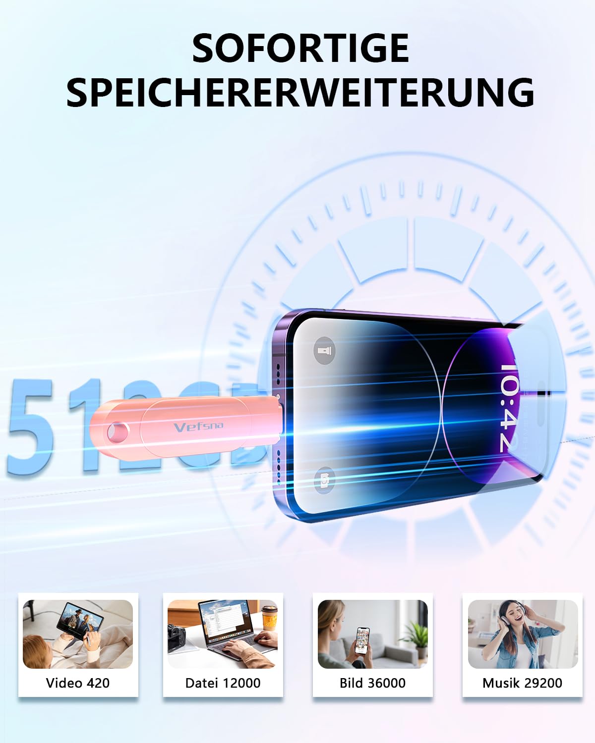 (Ohne APP) Vefsna MFi Zertifizierter USB Stick 512G für iPhone, 3 in 1 iPhone Fotostick, Speicherstick USB- Flash-Laufwerk, Externer Speichererweiterung,USB C Stick für iPhone/iPad/Android/PC/Mac