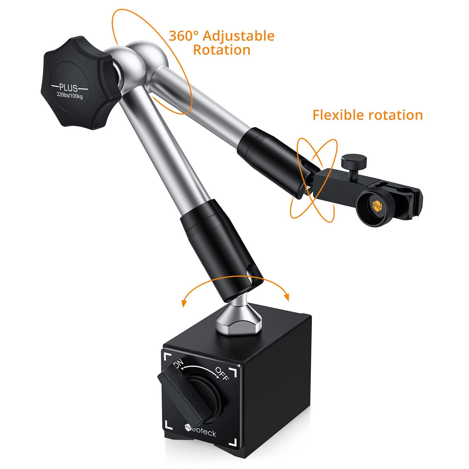 Neoteck Base Magnética para Reloj Comparador Soporte de Base Magnético Flexible para Indicador de Dial Digital 100kg Max Base magnética Ajustable con Interruptor de ON/OFF con Sujeción Central