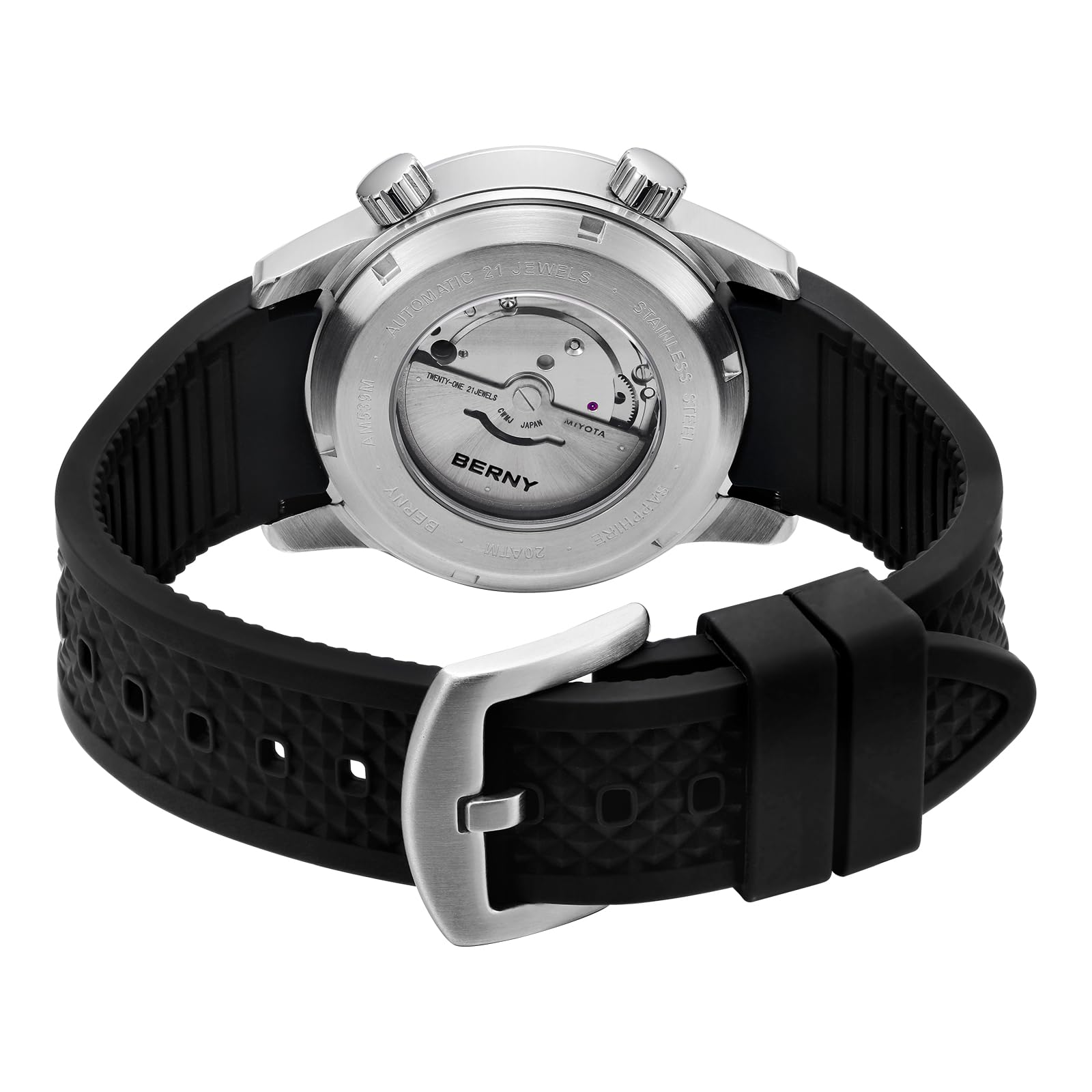 BERNY Relojes Mecánicos Automáticos Se Pulsera para Hombres Dive Relojes De Pulsera con Corona De Tornillo 20ATM Impermeable Hv600 Ddureza Correa De Silicona De Vidrio Zafiro Súper Luminosa