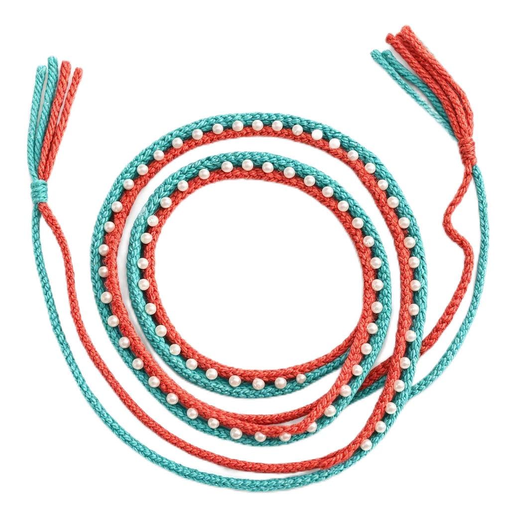 Hand made Braided Wrap around waist belt with Pearl Beads, Teal and Coral, Tassel Tie Closure, Boho Style-image-21
