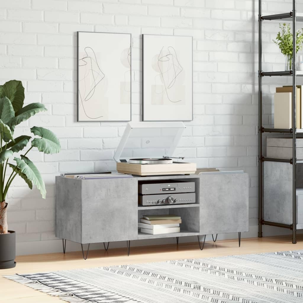 Armadio per dischi grigio cemento, 121 x 38 x 48 cm, in legno con gambe in ferro, per vinile, dischi in vinile, collezione musica, soggiorno, home theater, credenza, TV Lowboard, gestione