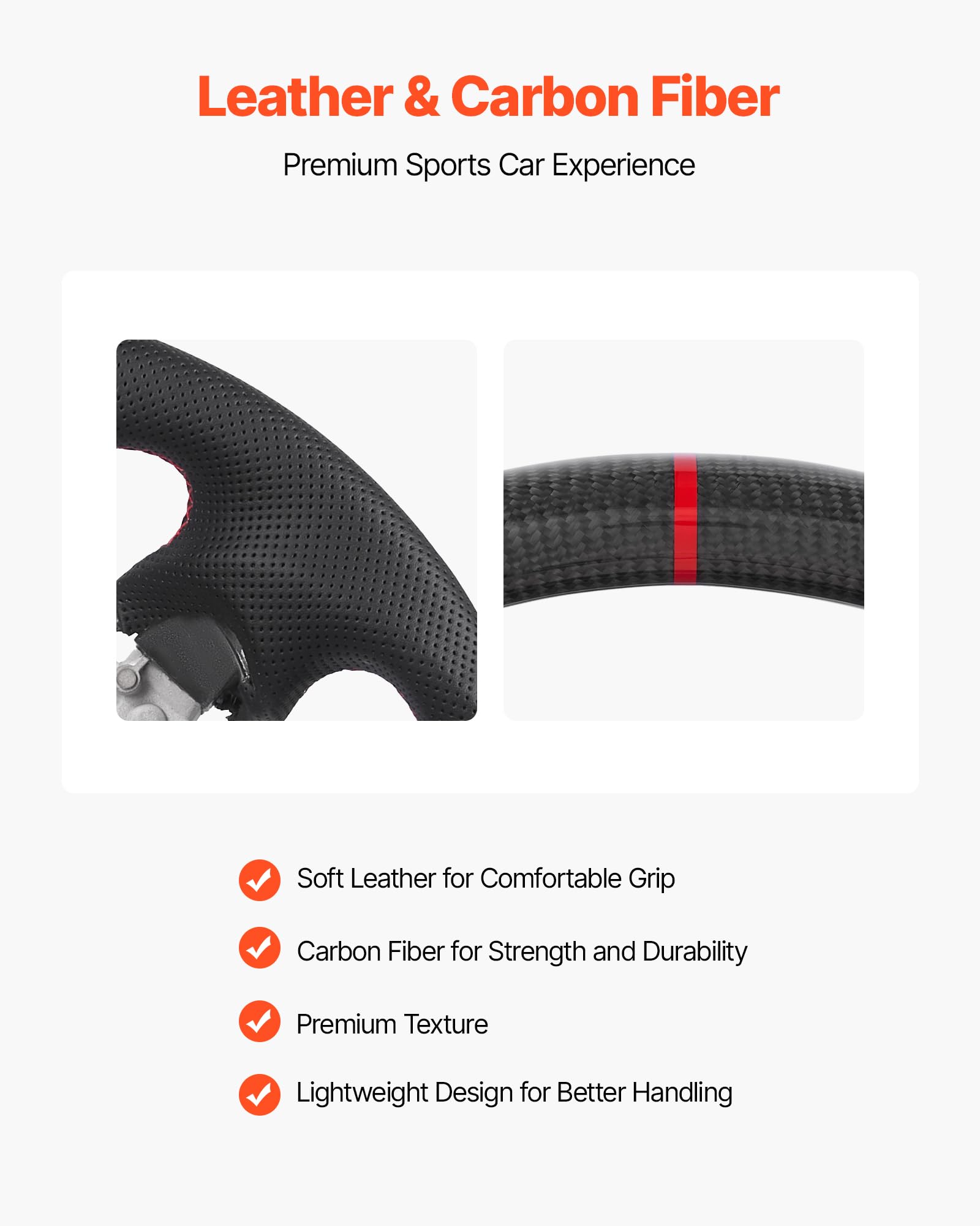 VEVOR Volant Compatible avec Nissan 370Z (2008-2020), Volant de Direction en Fibre de Carbone, Forme en D, Méplat, Poignée en Cuir avec Texture Antidérapante et Coutures Précises, Remplacement, Noir