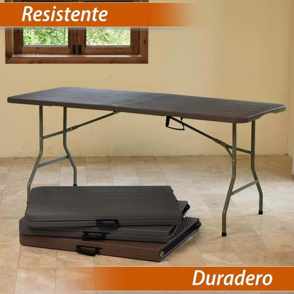 LOLAhome - Mesa Plegable maletín Gris Oscuro Efecto Madera de 180x74 cm, Resistente y fácil de Montar, con Estructura de Acero anticorrosión y HDPE. Ideal para Exterior, Catering, terraza y Eventos