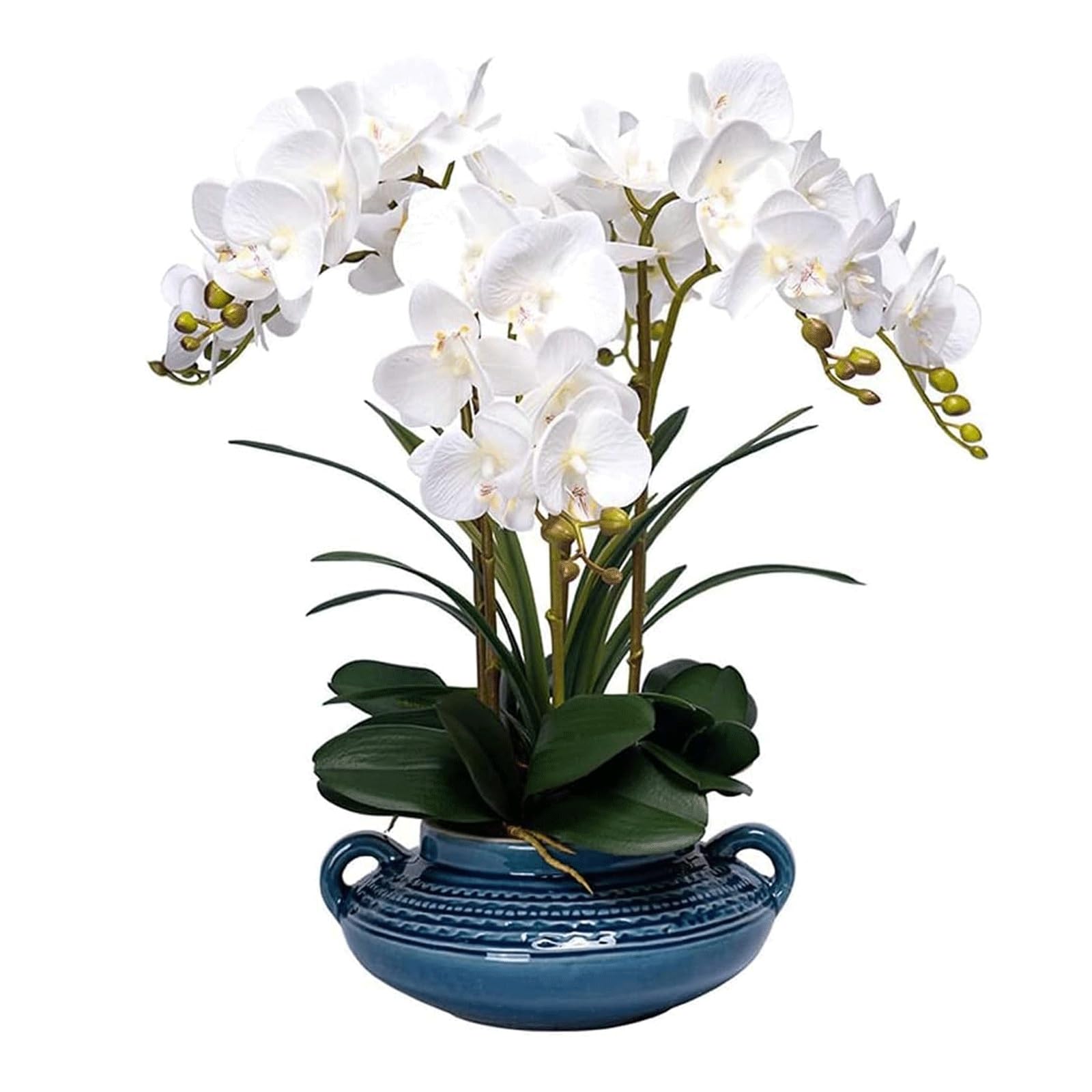 MYUYEE Artificial Orchid Flowers With Ceramic Vase, Realistic Potted Fake Phalaenopsis Flowers Arrangement Centerpiece Table Decorations(Wei?)